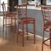 LT&S Spartan Series Lancaster Table & Seating Spartan Series Bar Height Metal Window Back Chair With Mahogany Wood Grain Finish And Burgundy Vinyl Seat