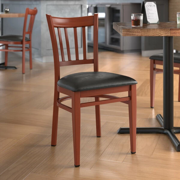 LT&S Spartan Series Lancaster Table & Seating Spartan Series Metal Slat Back Chair With Mahogany Wood Grain Finish And Black Vinyl Seat 1 LT&S Spartan Series Lancaster Table & Seating Spartan Series Metal Slat Back Chair With Mahogany Wood Grain Finish And Black Vinyl Seat