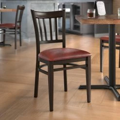 LT&S Spartan Series Lancaster Table & Seating Spartan Series Metal Slat Back Chair With Walnut Wood Grain Finish And Burgundy Vinyl Seat