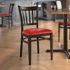 LT&S Spartan Series Lancaster Table & Seating Spartan Series Metal Slat Back Chair With Walnut Wood Grain Finish And Red Vinyl Seat