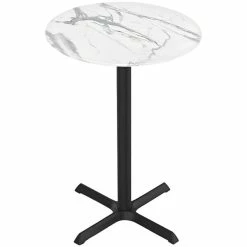 Holland Bar Stool EuroSlim 36" Round White Marble Indoor / Outdoor Bar Height Table With Cross Base