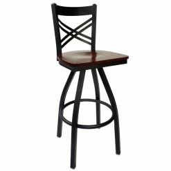 BFM Seating Akrin Metal Barstool With Mahogany Wood Swivel Seat