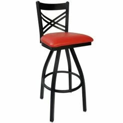 BFM Seating Akrin Metal Barstool With 2" Red Vinyl Swivel Seat
