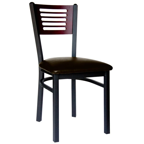 BFM Seating Espy Sand Black Metal Side Chair With Mahogany Wooden Back And 2" Dark Brown Vinyl Seat 1 BFM Seating Espy Sand Black Metal Side Chair With Mahogany Wooden Back And 2" Dark Brown Vinyl Seat