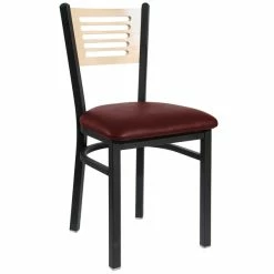BFM Seating Espy Sand Black Metal Side Chair With Natural Wooden Back And 2" Burgundy Vinyl Seat