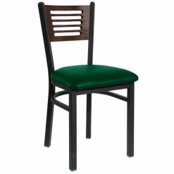 BFM Seating Espy Sand Black Metal Side Chair With Walnut Wooden Back And 2" Green Vinyl Seat