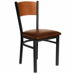 BFM Seating Dale Sand Black Metal Side Chair With Cherry Finish Wooden Back And 2" Light Brown Vinyl Seat
