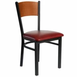 BFM Seating Dale Sand Black Metal Side Chair With Cherry Finish Wooden Back And 2" Burgundy Vinyl Seat