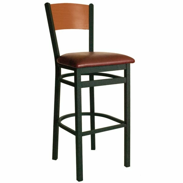 BFM Seating Dale Sand Black Metal Bar Height Chair With Cherry Finish Wooden Back And 2" Burgundy Vinyl Seat 1 BFM Seating Dale Sand Black Metal Bar Height Chair With Cherry Finish Wooden Back And 2" Burgundy Vinyl Seat