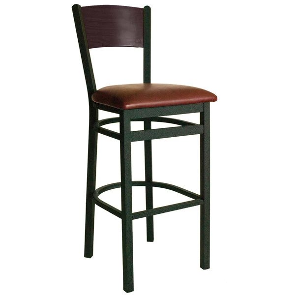 BFM Seating Dale Sand Black Metal Bar Height Chair With Mahogany Finish Wooden Back And 2" Burgundy Vinyl Seat 1 BFM Seating Dale Sand Black Metal Bar Height Chair With Mahogany Finish Wooden Back And 2" Burgundy Vinyl Seat