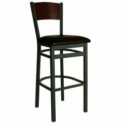 BFM Seating Dale Sand Black Metal Bar Height Chair With Walnut Finish Wooden Back And 2" Dark Brown Vinyl Seat