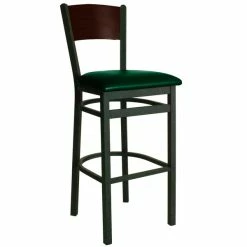 BFM Seating Dale Sand Black Metal Bar Height Chair With Walnut Finish Wooden Back And 2" Green Vinyl Seat
