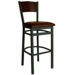 BFM Seating Dale Sand Black Metal Bar Height Chair With Walnut Finish Wooden Back And 2" Light Brown Vinyl Seat