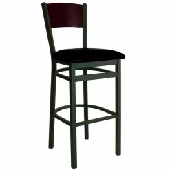 BFM Seating Dale Sand Black Metal Bar Height Chair With Mahogany Finish Wooden Back And 2" Black Vinyl Seat