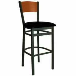 BFM Seating Dale Sand Black Metal Bar Height Chair With Cherry Finish Wooden Back And 2" Black Vinyl Seat