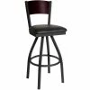 BFM Seating Dale Sand Black Metal Swivel Bar Height Chair With Mahogany Finish Wooden Back And 2" Black Vinyl Seat