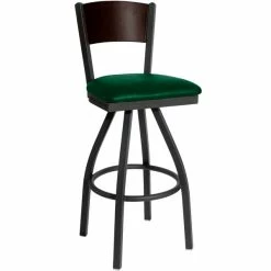 BFM Seating Dale Sand Black Metal Swivel Bar Height Chair With Walnut Finish Wooden Back And 2" Green Vinyl Seat