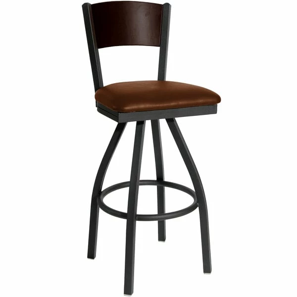 BFM Seating Dale Sand Black Metal Swivel Bar Height Chair With Walnut Finish Wooden Back And 2" Light Brown Vinyl Seat 1 BFM Seating Dale Sand Black Metal Swivel Bar Height Chair With Walnut Finish Wooden Back And 2" Light Brown Vinyl Seat