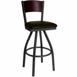 BFM Seating Dale Sand Black Metal Swivel Bar Height Chair With Mahogany Finish Wooden Back And 2" Dark Brown Vinyl Seat
