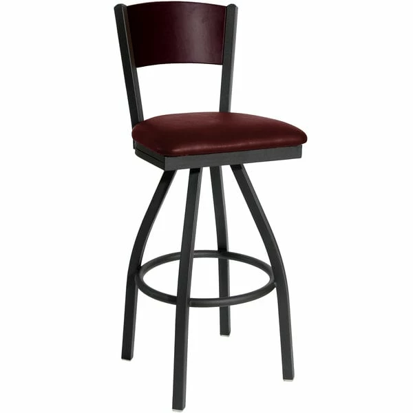 BFM Seating Dale Sand Black Metal Swivel Bar Height Chair With Mahogany Finish Wooden Back And 2" Burgundy Vinyl Seat 1 BFM Seating Dale Sand Black Metal Swivel Bar Height Chair With Mahogany Finish Wooden Back And 2" Burgundy Vinyl Seat
