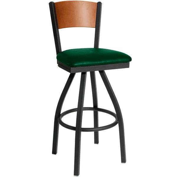 BFM Seating Dale Sand Black Metal Swivel Bar Height Chair With Cherry Finish Wooden Back And 2" Green Vinyl Seat 1 BFM Seating Dale Sand Black Metal Swivel Bar Height Chair With Cherry Finish Wooden Back And 2" Green Vinyl Seat