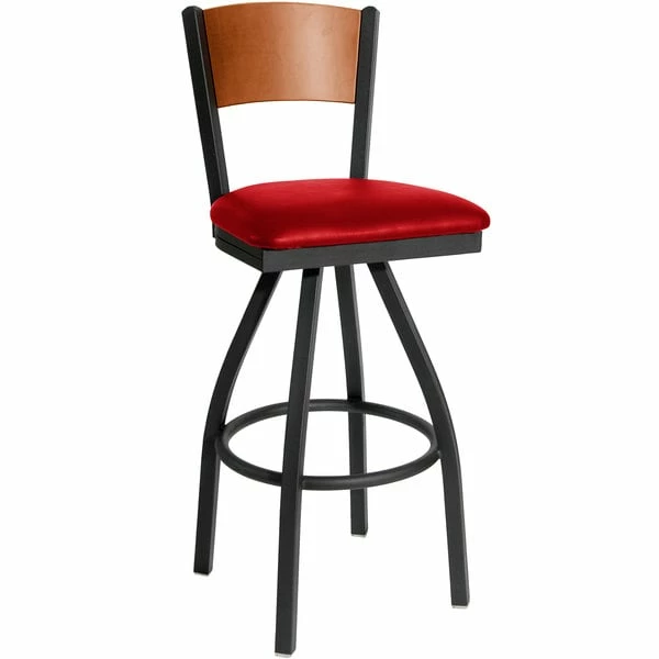 BFM Seating Dale Sand Black Metal Swivel Bar Height Chair With Cherry Finish Wooden Back And 2" Red Vinyl Seat 1 BFM Seating Dale Sand Black Metal Swivel Bar Height Chair With Cherry Finish Wooden Back And 2" Red Vinyl Seat