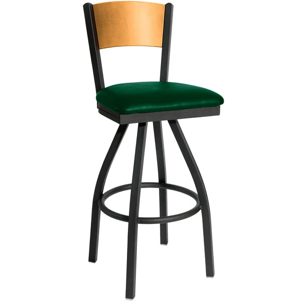 BFM Seating Dale Sand Black Metal Swivel Bar Height Chair With Natural Finish Wooden Back And 2" Green Vinyl Seat 1 BFM Seating Dale Sand Black Metal Swivel Bar Height Chair With Natural Finish Wooden Back And 2" Green Vinyl Seat