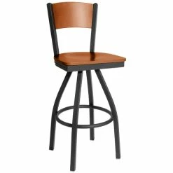 BFM Seating Dale Sand Black Metal Swivel Bar Height Chair With Cherry Finish Wooden Back And Seat
