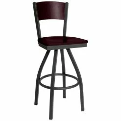 BFM Seating Dale Sand Black Metal Swivel Bar Height Chair With Mahogany Finish Wooden Back And Seat