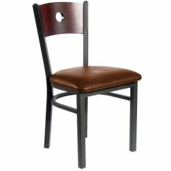 BFM Seating Darby Sand Black Metal Side Chair With Mahogany Wooden Back And 2" Light Brown Vinyl Seat