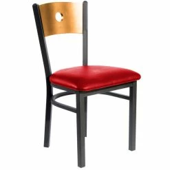 BFM Seating Darby Sand Black Metal Side Chair With Natural Wooden Back And 2" Red Vinyl Seat