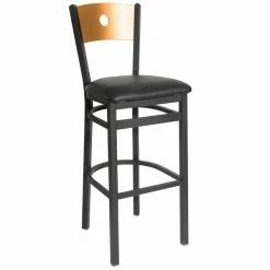 BFM Seating Darby Sand Black Metal Bar Height Chair With Natural Wooden Back And 2" Black Vinyl Seat