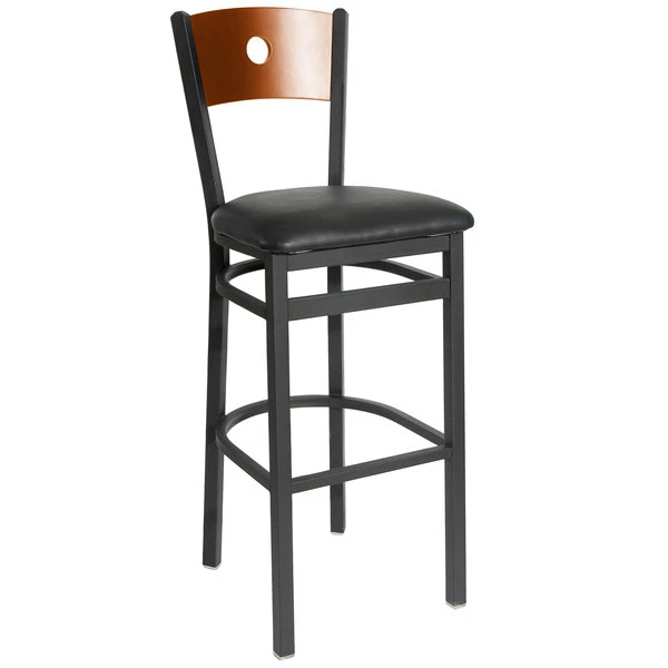 BFM Seating Darby Sand Black Metal Bar Height Chair With Cherry Wooden Back And 2" Black Vinyl Seat 1 BFM Seating Darby Sand Black Metal Bar Height Chair With Cherry Wooden Back And 2" Black Vinyl Seat