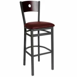 BFM Seating Darby Sand Black Metal Bar Height Chair With Mahogany Wooden Back And 2" Burgundy Vinyl Seat