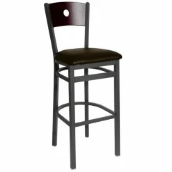 BFM Seating Darby Sand Black Metal Bar Height Chair With Mahogany Wooden Back And 2" Dark Brown Vinyl Seat