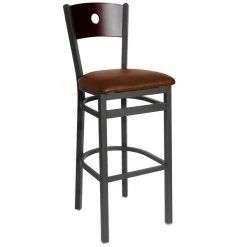 BFM Seating Darby Sand Black Metal Bar Height Chair With Mahogany Wooden Back And 2" Light Brown Vinyl Seat