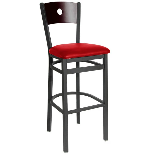 BFM Seating Darby Sand Black Metal Bar Height Chair With Mahogany Wooden Back And 2" Red Vinyl Seat 1 BFM Seating Darby Sand Black Metal Bar Height Chair With Mahogany Wooden Back And 2" Red Vinyl Seat
