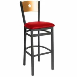 BFM Seating Darby Sand Black Metal Bar Height Chair With Natural Wooden Back And 2" Red Vinyl Seat