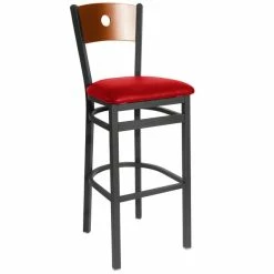 BFM Seating Darby Sand Black Metal Bar Height Chair With Cherry Wooden Back And 2" Red Vinyl Seat