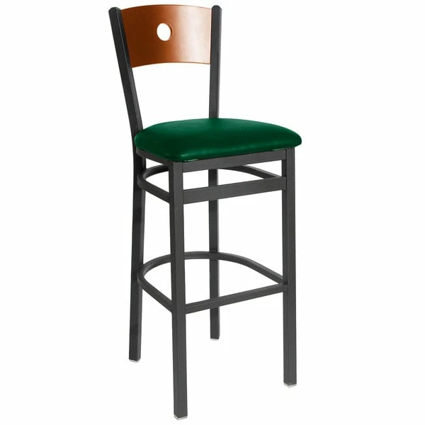 BFM Seating Darby Sand Black Metal Bar Height Chair With Cherry Wooden Back And 2" Green Vinyl Seat 1 BFM Seating Darby Sand Black Metal Bar Height Chair With Cherry Wooden Back And 2" Green Vinyl Seat