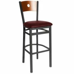 BFM Seating Darby Sand Black Metal Bar Height Chair With Cherry Wooden Back And 2" Burgundy Vinyl Seat