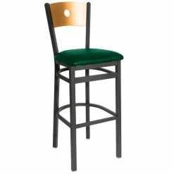 BFM Seating Darby Sand Black Metal Bar Height Chair With Natural Wooden Back And 2" Green Vinyl Seat