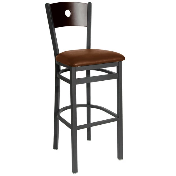 BFM Seating Darby Sand Black Metal Bar Height Chair With Walnut Wooden Back And 2" Light Brown Vinyl Seat 1 BFM Seating Darby Sand Black Metal Bar Height Chair With Walnut Wooden Back And 2" Light Brown Vinyl Seat