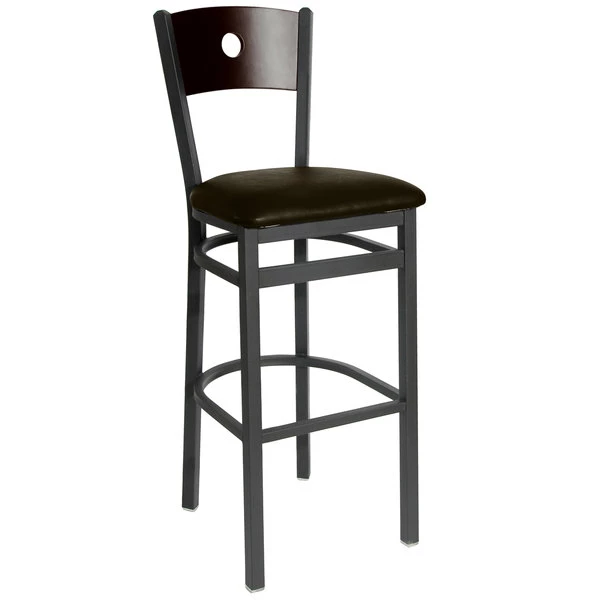 BFM Seating Darby Sand Black Metal Bar Height Chair With Walnut Wooden Back And 2" Dark Brown Vinyl Seat 1 BFM Seating Darby Sand Black Metal Bar Height Chair With Walnut Wooden Back And 2" Dark Brown Vinyl Seat