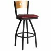 BFM Seating Darby Sand Black Metal Bar Height Chair With Natural Wooden Back And 2" Burgundy Vinyl Swivel Seat
