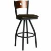 BFM Seating Darby Sand Black Metal Bar Height Chair With Cherry Wooden Back And 2" Dark Brown Vinyl Swivel Seat