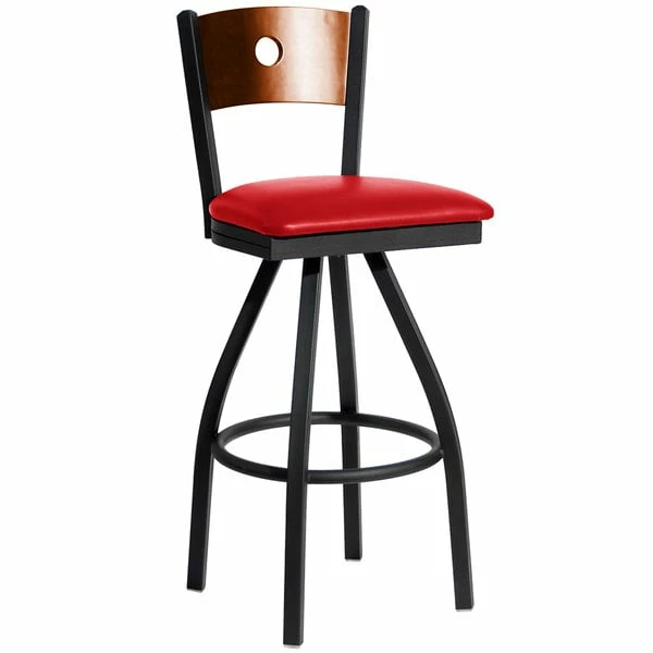 BFM Seating Darby Sand Black Metal Bar Height Chair With Cherry Wooden Back And 2" Red Vinyl Swivel Seat 1 BFM Seating Darby Sand Black Metal Bar Height Chair With Cherry Wooden Back And 2" Red Vinyl Swivel Seat