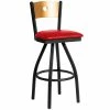 BFM Seating Darby Sand Black Metal Bar Height Chair With Natural Wooden Back And 2" Red Vinyl Swivel Seat