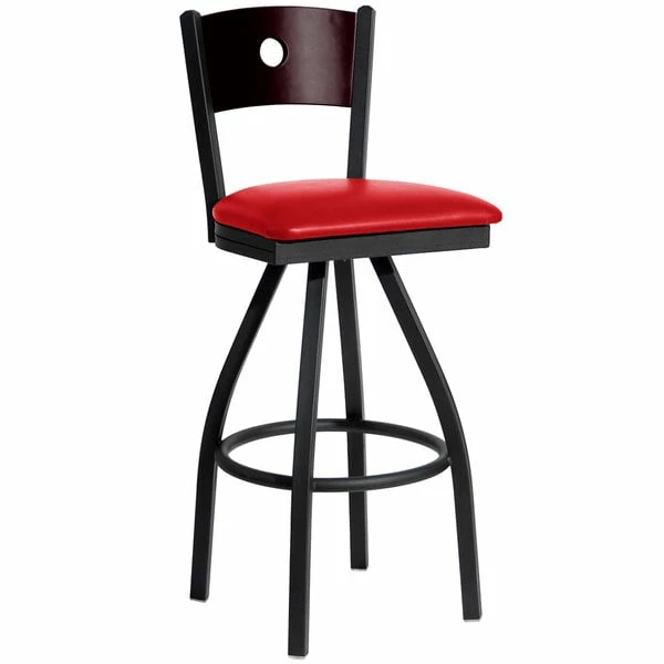 BFM Seating Darby Sand Black Metal Bar Height Chair With Mahogany Wooden Back And 2" Red Vinyl Swivel Seat 1 BFM Seating Darby Sand Black Metal Bar Height Chair With Mahogany Wooden Back And 2" Red Vinyl Swivel Seat