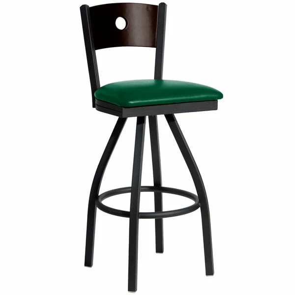 BFM Seating Darby Sand Black Metal Bar Height Chair With Walnut Wooden Back And 2" Green Vinyl Swivel Seat 1 BFM Seating Darby Sand Black Metal Bar Height Chair With Walnut Wooden Back And 2" Green Vinyl Swivel Seat